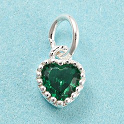 Verde 925 encantos de plata esterlina, con circonita, corazón facetado, plata, verde, 7x5x3 mm, agujero: 3 mm