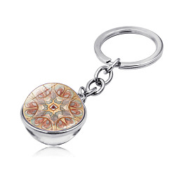 Salmon Yoga Mandala Pattern Double-Sided Glass Half Round/Dome Pendant Keychain, with Alloy Findings, for Car Bag Pendant Accessories, Salmon, 7.9cm