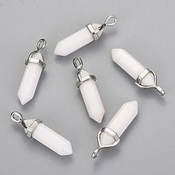 White Jade Natural White Jade Double Terminated Pointed Pendants, with Random Alloy Pendant Hexagon Bead Cap Bails, Bullet, Platinum, 36~45x12mm, Hole: 3x5mm, Gemstone: 10mm in diameter