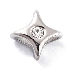 Color de Acero Inoxidable Chapado iónico (ip) 304 amuletos deslizantes de acero inoxidable, con diamantes de imitación de cristal, 4 estrella puntiaguda, color acero inoxidable, 10.5x10.5x8.5 mm, agujero: 5.5 mm