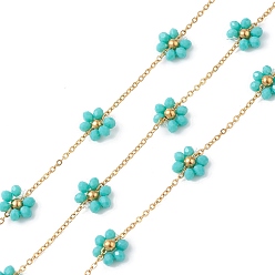 Turquoise Foncé Chaînes de perles de verre fleur, non soudée, avec 304 chaînes à maillons en acier inoxydable, or, turquoise foncé, 2~9.5x1.5~10.5x0.3~3.5mm