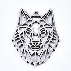 Stainless Steel Color 304 Stainless Steel Pendants, Laser Cut, Wolf, Stainless Steel Color, 31.5x22.5x1.5mm, Hole: 1mm
