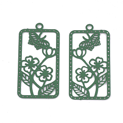 Green 430 Stainless Steel Filigree Pendants, Spray Painted, Etched Metal Embellishments, Rectangle with Flower, Green, 27x13x0.4mm, Hole: 1.2mm