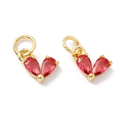 Red Rack Plating Brass Cubic Zirconia Charms, with Jump Ring, Cadmium Free & Lead Free, Real 18K Gold Plated, Heart, Red, 8x7x3mm, Jump Ring: 5x1mm,  3.5mm Inner Diameter