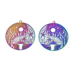 Rainbow Color Ion Plating(IP) 201 Stainless Steel Filigree Pendants, Etched Metal Embellishments, Flat Round with Landscape Pattern, Rainbow Color, 32x30x0.3mm, Hole: 1.5mm