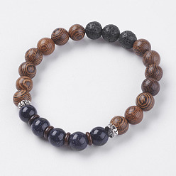 Blue Goldstone Natural & Synthetic Lava Rock and Blue Goldstone Beads Stretch Bracelets, with Wenge Wood Beads, Coconut and Alloy Finding, 2 inch(50~52mm)