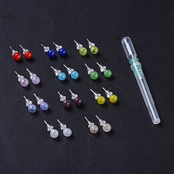 Mixed Color Round Lampwork Ball Stud Earrings, with Platinum Plated Brass Findings, Plastic Dropper and Ear Nuts, Mixed Color, 17.5mm, Pin: 0.6mm, Teardrop: 74x7.5mm