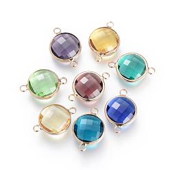 Mixed Color Glass Links connectors, with Raw(Unplated) Brass Findings, Faceted, Flat Round, Nickel Free, Mixed Color, 12x6.5x2.5mm, Hole: 2mm