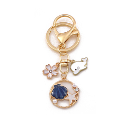 Bleu De Prusse Porte-clés pendentif en émail d'alliage d'étoile de mer de coquille avec le charme de dauphin et de fleur, pour femme sac clé de voiture accessoires, null, 9 cm
