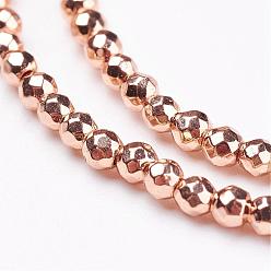 Light Gold Plated Non-magnetic Synthetic Hematite Bead Strands, Faceted, Round, Light Gold Plated, 2mm, Hole: 0.5mm, about 190~200pcs/strand, 14.9  inch~15.6 inch