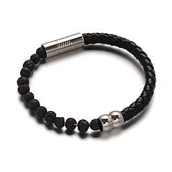 Black Leather Cord Bracelets, with Lava Rock Beads & 304 Stainless Steel Magnetic Clasps, Lava Rock, 51x63mm