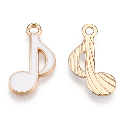 White Alloy Pendants, with Enamel, Musical Note, Light Gold, White, 20x12x2mm, Hole: 1.8mm