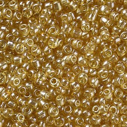 Verge D'or Perles de rocaille en verre, trans. couleurs lustered, ronde, verge d'or, 4mm, trou: 1.5 mm, environ 4500 pièces / livre