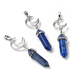 Lapis Lazuli Gros pendentifs pointus à double terminaison en lapis-lazuli naturel, avec les accessoires en laiton de tonalité de platine, sans cadmium et sans plomb, lune avec balle, teint, facette, 70~75mm, Trou: 4.6x8mm