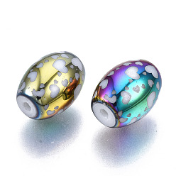 Colorful Electroplate Glass Beads, Barrel with Heart Pattern, Colorful, 11x8mm, Hole: 1.2mm, about 200pcs/bag