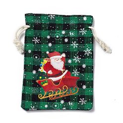 Santa Claus Sacs de jute rectangulaires sur le thème de Noël avec cordon de jute, tartan pochettes, pour emballage cadeau, verte, le père noël, 13.8~14x9.7~10.3x0.07~0.4 cm