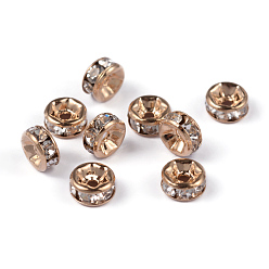 Crystal Brass Rhinestone Spacer Beads, Grade AAA, Straight Flange, Nickel Free, Light Gold Metal Color, Rondelle, Crystal, 6x3mm, Hole: 1mm