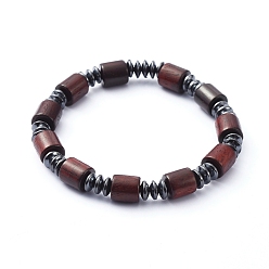 Saddle Brown Stretch Bracelets, with Column Natural Wood Beads and Non-Magnetic Synthetic Hematite Beads, Saddle Brown, Inner Diameter: 2 inch(5cm)
