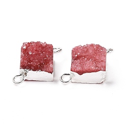 Red Natural Druzy Quartz Links connectors, with Brass Findings, Square, Silver, Red, 16~18x13~14x6~8mm, Hole: 2mm