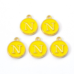 Letter N Golden Plated Alloy Enamel Charms, Enamelled Sequins, Flat Round with Letter, Gold, Letter.N, 14x12x2mm, Hole: 1.5mm