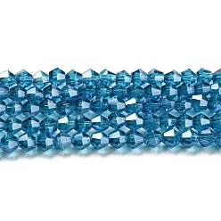 Steel Blue Transparent Electroplate Glass Beads Strands, Pearl Luster Plated, Faceted, Bicone, Steel Blue, 4x4mm, Hole: 0.8mm, about 87~98pcs/strand, 12.76~14.61 inch(32.4~37.1cm)