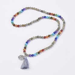 Labradorite Natural Gemstone Beads Necklaces, with Polyester Tassel and Alloy Findings, 25.9 inch(66cm)