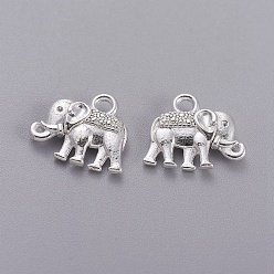 Plata Encantos del elefante de la vendimia, Abalorios de encantos de la aleación del estilo tibetano, sin cadmio y níque y plomo, el color plateado de plata, 12x14x2.5 mm, agujero: 1 mm
