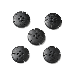 Black 4-Hole Dyed Natural Coconut Buttons, Flower, Black, 19.5x3.5mm, Hole: 1.8mm
