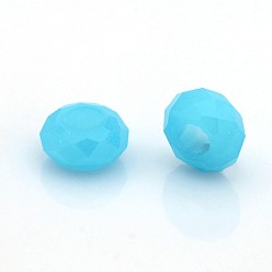 Bleu Ciel Clair Imitation jade perles de verre européennes, perles de rondelle avec grand trou , facette, lumière bleu ciel, 14x7mm, Trou: 6mm