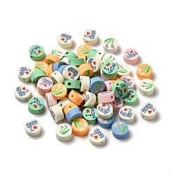Flower Mother's Day Handmade Polymer Clay Beads, Flat Round, Flower Pattern, 9~9.5x4~5mm, Hole: 1.6mm