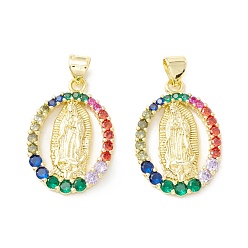 Colorful Rack Plating Brass Micro Pave Cubic Zirconia Pendants, Real 18K Gold Plated, Long-Lasting Plated, Oval with Virgin Mary, Colorful, 23.5x16.5x3mm, Hole: 3.5x3mm