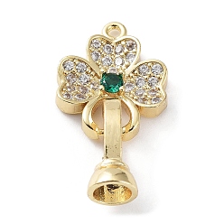 Golden Rack Plating Brass Pave Cubic Zirconia Fold Over Clasps, Cadmium Free & Lead Free, Long-Lasting Plated, Clover, Golden, Clover: 17x14.5x4mm, Hole: 1.5mm, Clasps: 13.5x6.5x7mm, Inner Diameter: 4.5mm