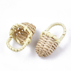 Lemon Chiffon Handmade Reed Cane/Rattan Woven Pendants, For Making Straw Earrings and Necklaces, Basket, 25~30x14~15mm