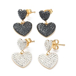 Mixed Color Heart Ion Plating(IP) 304 Stainless Steel Stud Earrings, with Rhinestone, Golden, Mixed Color, 20.5mm, Pin: 0.8mm