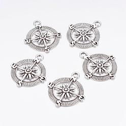 Antique Silver Tibetan Style Alloy Compass Pendants, Cadmium Free & Nickel Free & Lead Free, Antique Silver, 30x25x3mm, Hole: 2.5mm