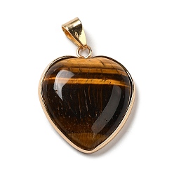 Tiger Eye Natural Tiger Eye Pendants, Heart Charms, with Golden Tone Iron and Brass Findings, 29x24~24.5x6~6.5mm, Hole: 7~7.3x3.8~4.3mm