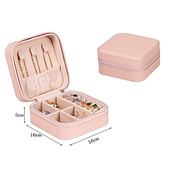 Pink PU Leather Jewelry Zipper Boxes, with Velvet Inside, for Rings, Necklaces, Earrings, Rings Storage, Square, Pink, 100x100x50mm