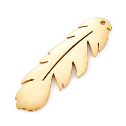 Golden 304 Stainless Steel Pendants, Manual Polishing, Laser Cut, Feather, Golden, 33.5x10.5x0.8mm, Hole: 1.2mm