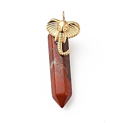 Red Jasper Elephant Natural Red Jasper Pointed Pendants, with Ion Plating(IP) Platinum & Golden Tone 304 Stainless Steel Findings, Faceted Bullet Charm, 42mm, Elephant: 19x14x3.5mm, Bullet: 32.5x8x8.5mm, Hole: 2.7mm