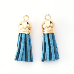 Steel Blue Faux Suede Tassel Pendant Decorations, with CCB Plastic Cord Ends, Light Gold, Steel Blue, 33~35x10mm, Hole: 2.5mm