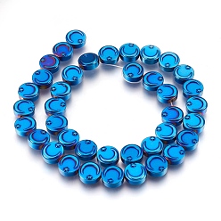 Blue Plated Electroplate Non-magnetic Synthetic Hematite Bead Strands, Flat Round with Moon & Star, Blue Plated, 9.5~10x4mm, Hole: 1mm, about 40~41pcs/strand, 15.3 inch~15.7 inch(39~40cm)