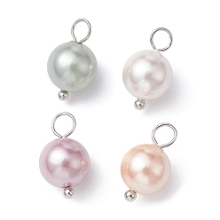 Mixed Color Shell Pearl Dyed Round Charms, with Platinum Plated Brass Loops, Mixed Color, 14x8mm, Hole: 2.8mm