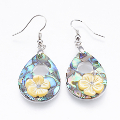 Shell Abalone Shell/Paua Shell Dangle Earrings, with Brass Findings & Yellow Shell, Teardrop with Flower, 50~50.5mm, Pin: 0.7mm