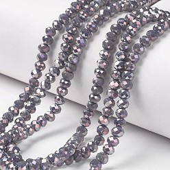 Púrpura Media Electrochapa hilos de perlas de vidrio opacas, chapado en arco iris , facetados, Rondana plana, púrpura medio, 4x3 mm, agujero: 0.4 mm, sobre 123~127 unidades / cadena, 16.5~16.9 pulgada (42~43 cm)