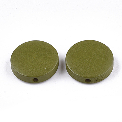 Olive Painted Natural Wood Beads, Flat Round, Olive, 15~15.5x4mm, Hole: 1.8mm