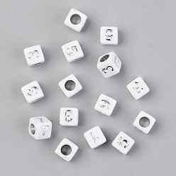 Plaqué Argent Placage sous vide perles acryliques, opaque, cube avec nombre, blanc, Plaqué Argent, 6x6x6mm, trou: 3.5 mm, 2900 pcs / 500 g