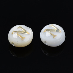 Letter N Natural Freshwater Shell Beads, with Golden Plated Brass Etched Metal Embellishments, Flat Round with Letter, Seashell Color, Letter.N, 6x4mm, Hole: 0.8mm