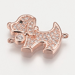 Rose Gold Brass Micro Pave Cubic Zirconia Puppy Links connectors, Beagle Dog, Clear, Rose Gold, 14x20.5x4mm, Hole: 1mm