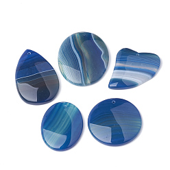Steel Blue Dyed Natural Striped Agate/Banded Agate Pendants, Mixed Shape, Steel Blue, 36~54x32~41x5~7mm, Hole: 2mm