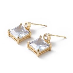 Real 18K Gold Plated Clear Cubic Zirconia Square Dangle Stud Earrings, Brass Jewelry for Women, Cadmium Free & Lead Free, Real 18K Gold Plated, 19.5mm, Pin: 0.7mm